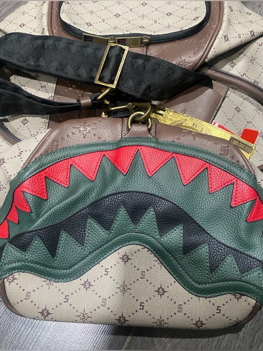 Sprayground Green, Red & Black Shark Mouth Duffel Crossbody